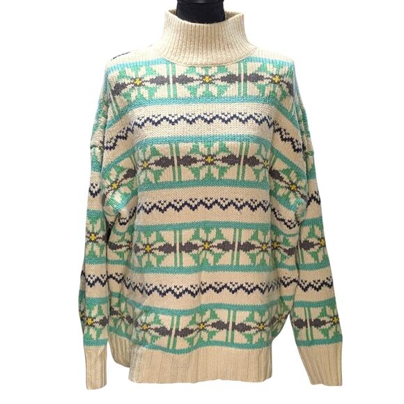 American Eagle Oversized Fair Isle Mock Neck Sweater Green Cream Floral Women S - Picture 4 of 16
